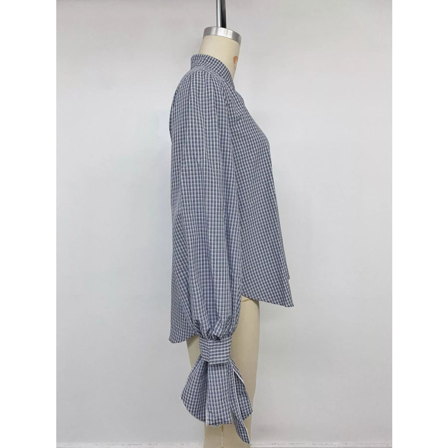 Gingham Button Up Shirt with Tie-Sleeve Detail Apparel and Accessories
