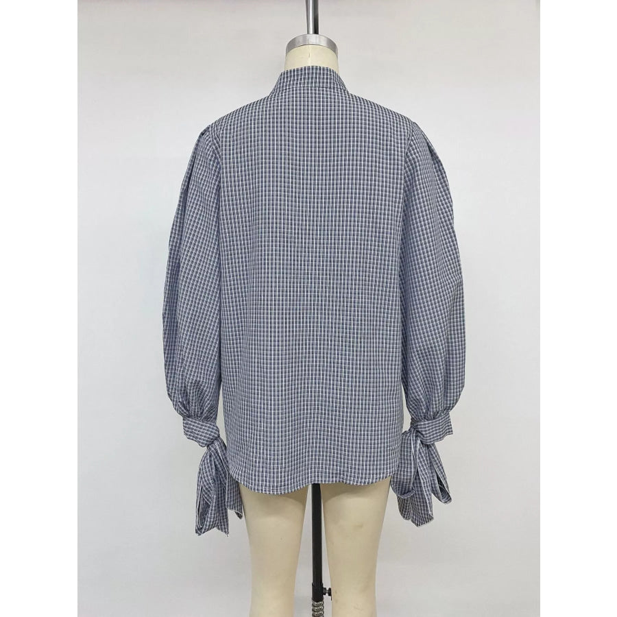 Gingham Button Up Shirt with Tie-Sleeve Detail Apparel and Accessories