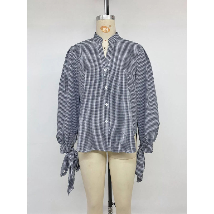 Gingham Button Up Shirt with Tie-Sleeve Detail Apparel and Accessories