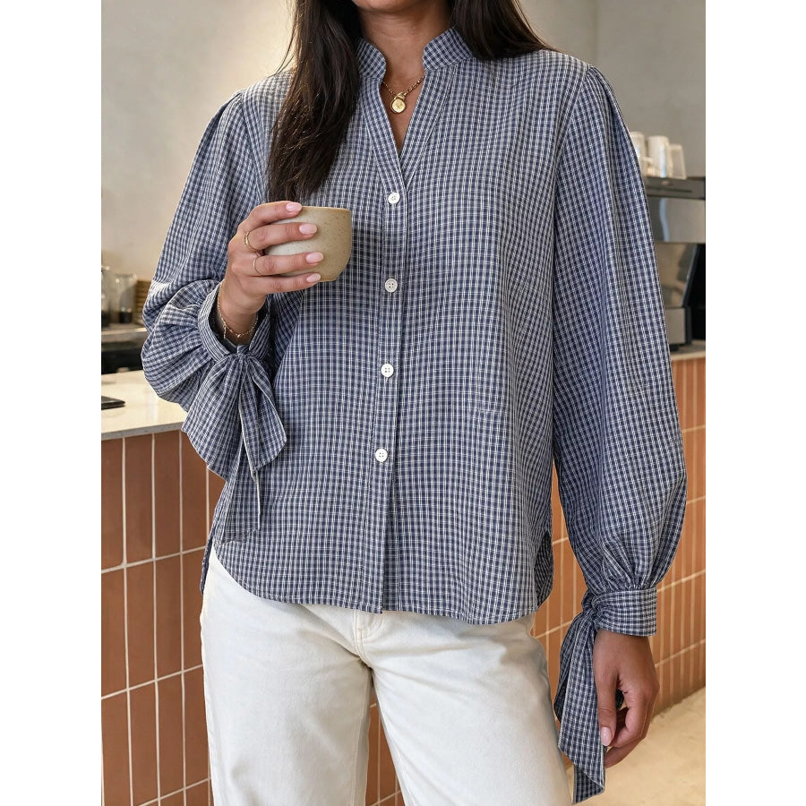 Gingham Button Up Shirt with Tie-Sleeve Detail Apparel and Accessories