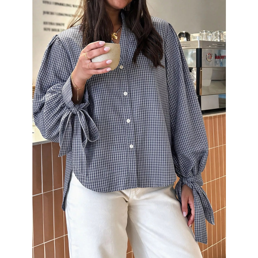 Gingham Button Up Shirt with Tie-Sleeve Detail Navy / S Apparel and Accessories