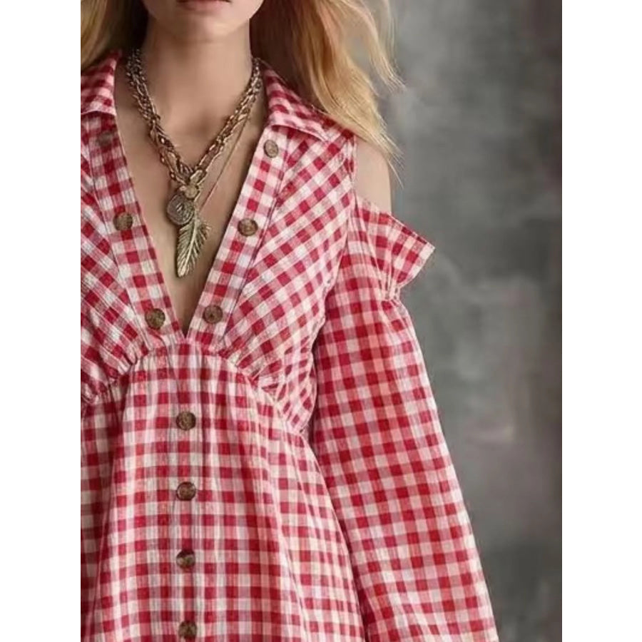 Gingham Cold-Shoulder Mini Dress Apparel and Accessories