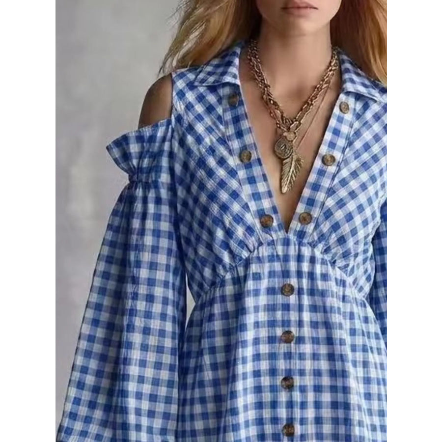 Gingham Cold-Shoulder Mini Dress Apparel and Accessories