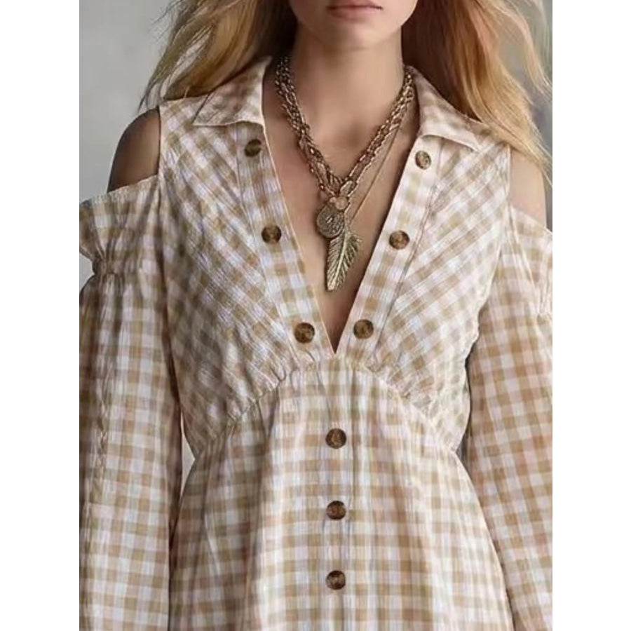 Gingham Cold-Shoulder Mini Dress Apparel and Accessories