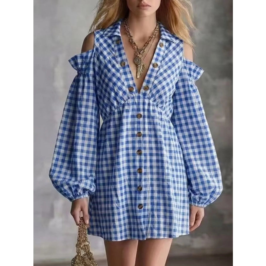 Gingham Cold-Shoulder Mini Dress Blue / S Apparel and Accessories