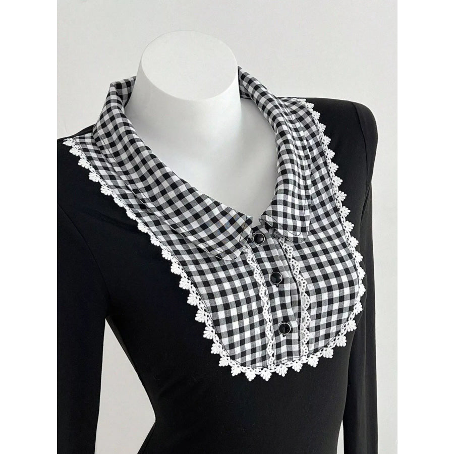 Gingham Collar Long Sleeve T-Shirt Apparel and Accessories
