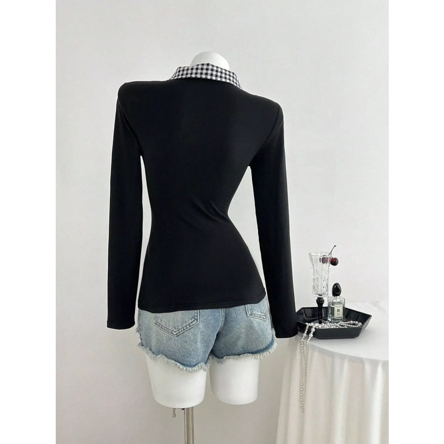 Gingham Collar Long Sleeve T-Shirt Apparel and Accessories