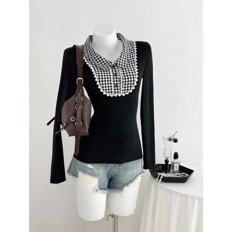 Gingham Collar Long Sleeve T-Shirt Black / S Apparel and Accessories