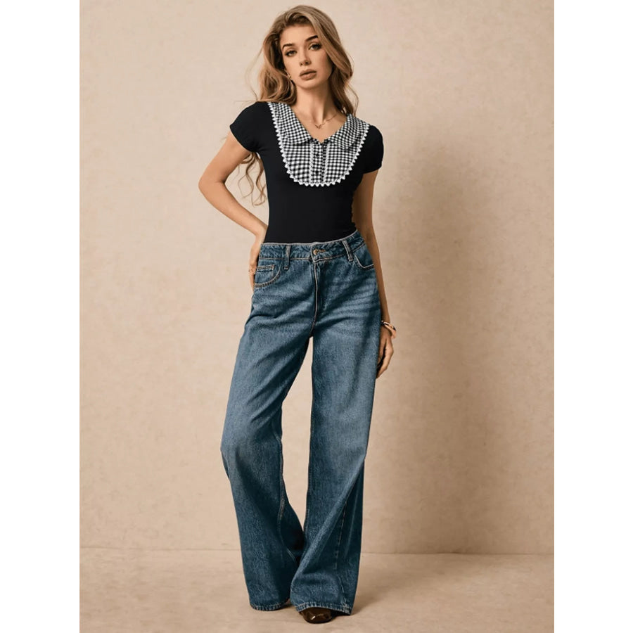 Gingham Collar Slim Fit Blouse Apparel and Accessories