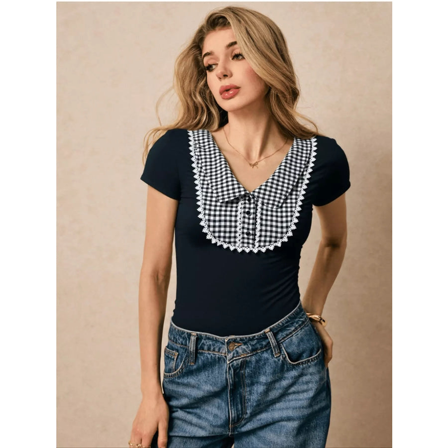 Gingham Collar Slim Fit Blouse Apparel and Accessories