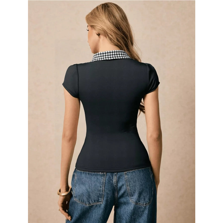 Gingham Collar Slim Fit Blouse Apparel and Accessories