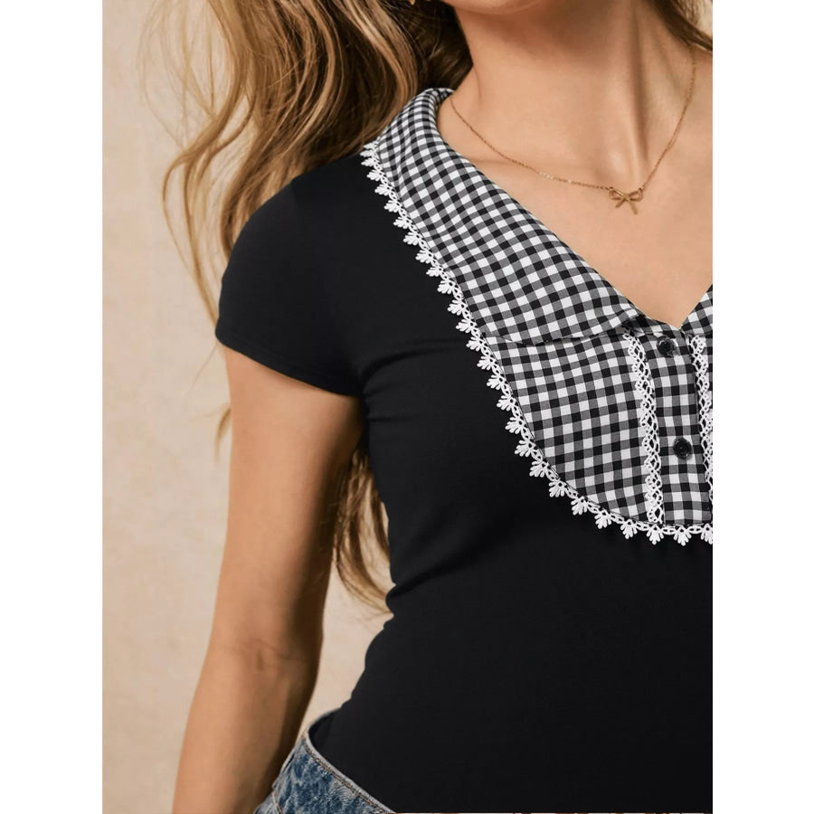 Gingham Collar Slim Fit Blouse Apparel and Accessories