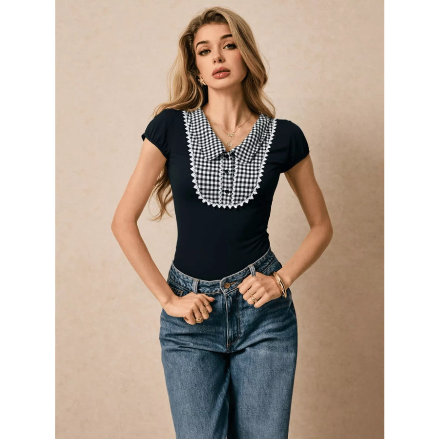 Gingham Collar Slim Fit Blouse Black / S Apparel and Accessories