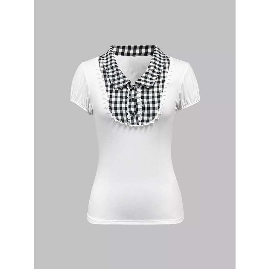 Gingham Collar Slim Fit Blouse White / S Apparel and Accessories