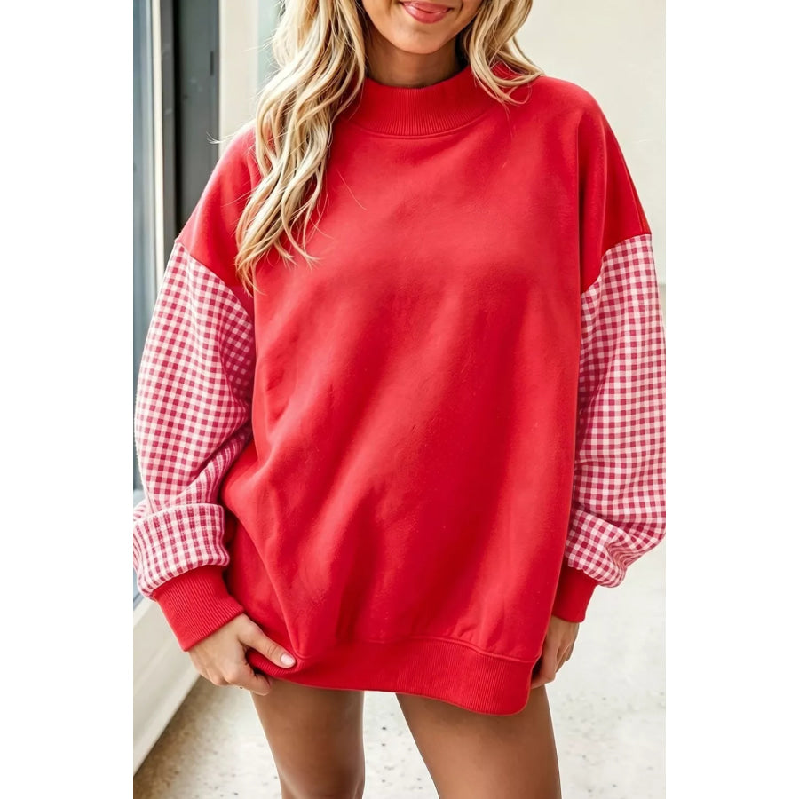 Gingham Contrast Sleeve Crew Neck Sweatshirt Red / S Apparel and Accessories