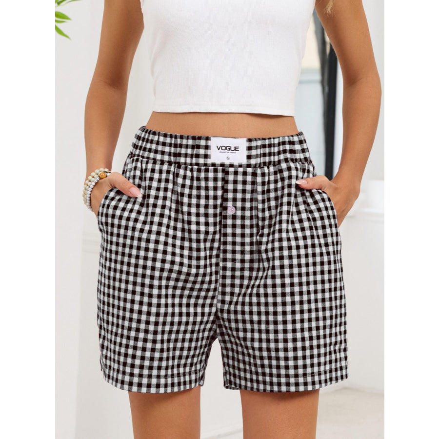 Gingham Elastic Waist Casual Shorts Black / S Apparel and Accessories