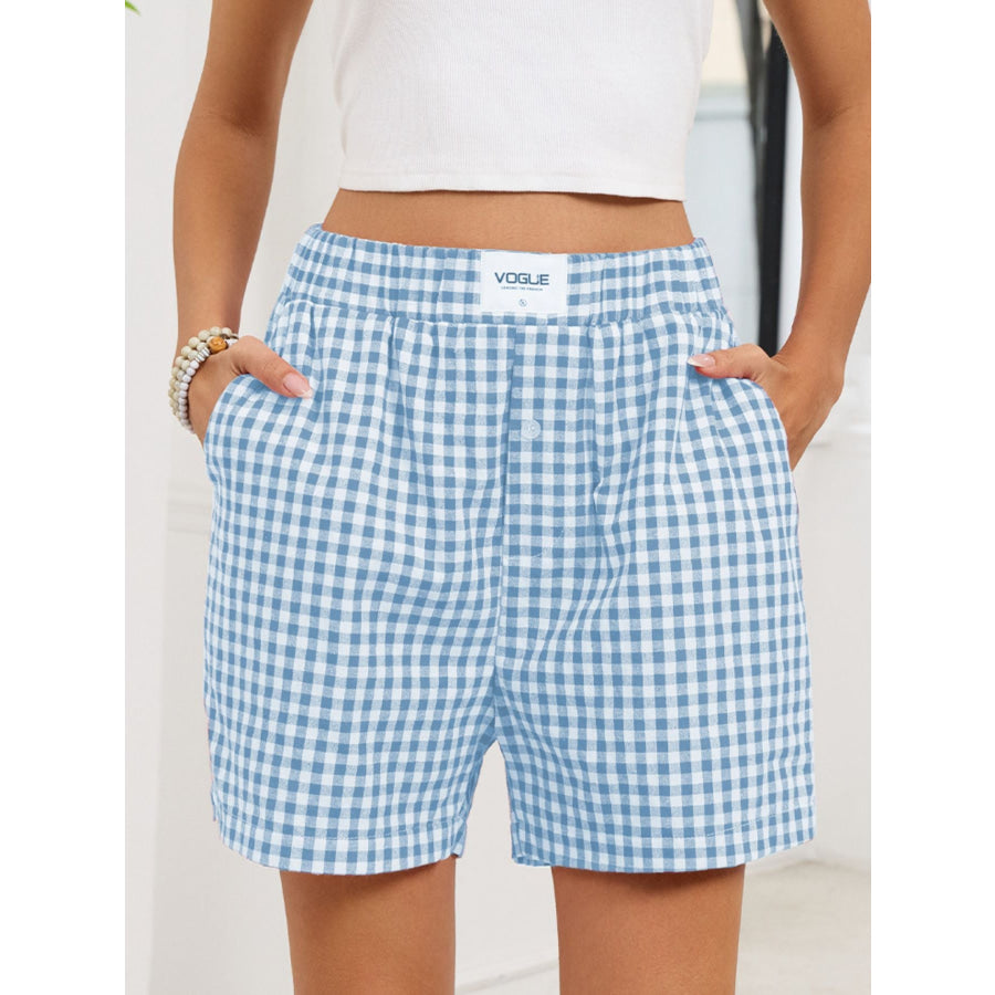 Gingham Elastic Waist Casual Shorts Light Blue / S Apparel and Accessories