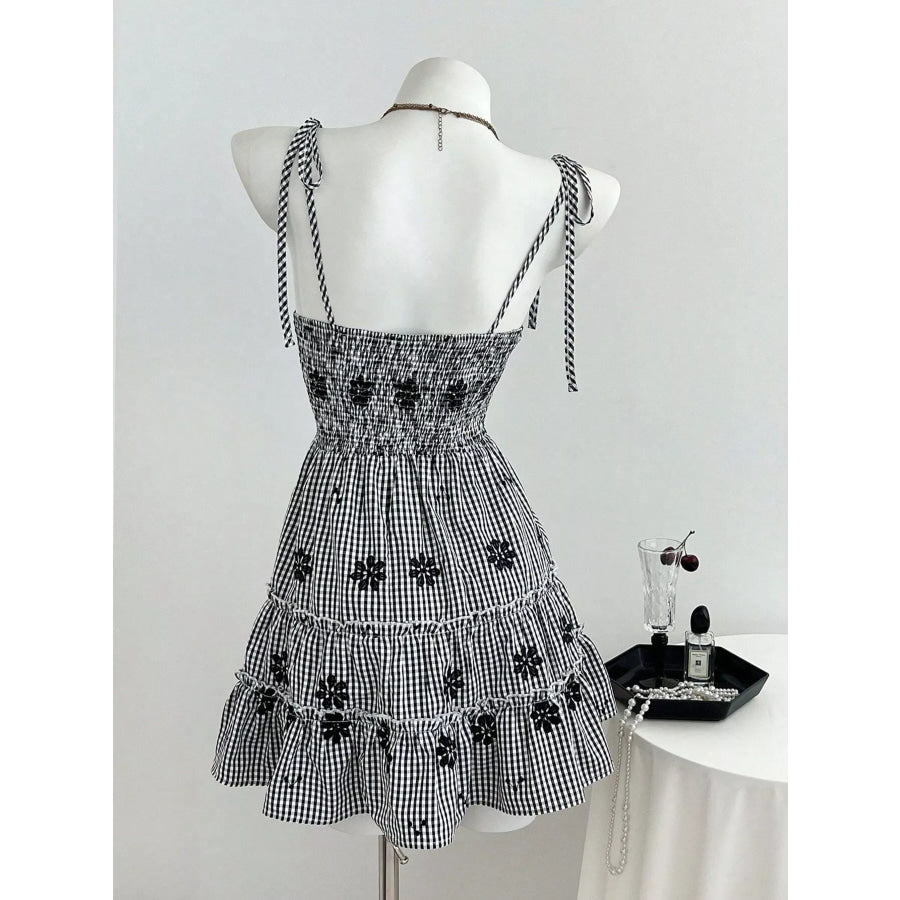 Gingham Floral Tiered Mini Dress Apparel and Accessories