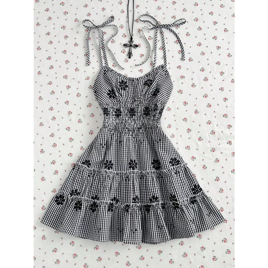 Gingham Floral Tiered Mini Dress Apparel and Accessories