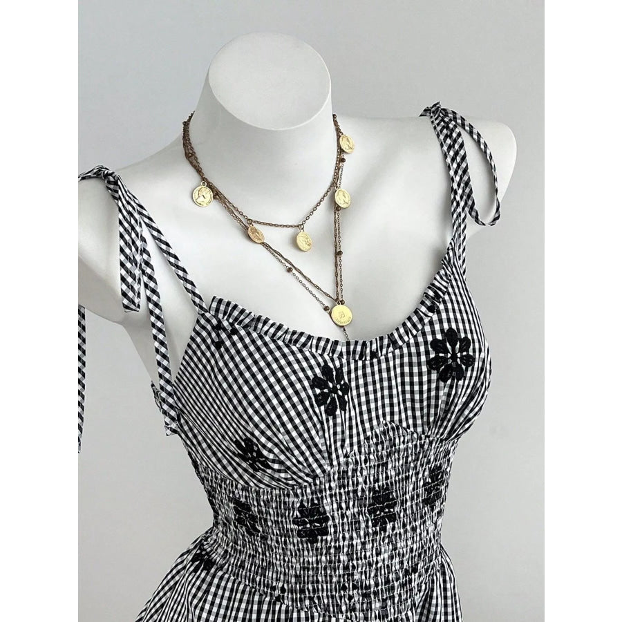 Gingham Floral Tiered Mini Dress Apparel and Accessories