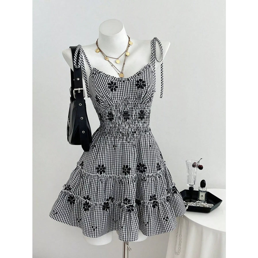 Gingham Floral Tiered Mini Dress Black / S Apparel and Accessories
