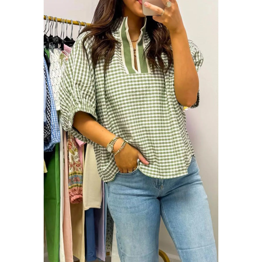 Gingham Half Sleeve Blouse Apparel and Accessories