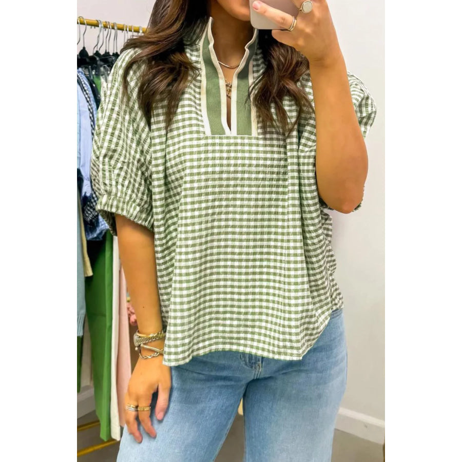 Gingham Half Sleeve Blouse Sage / S Apparel and Accessories