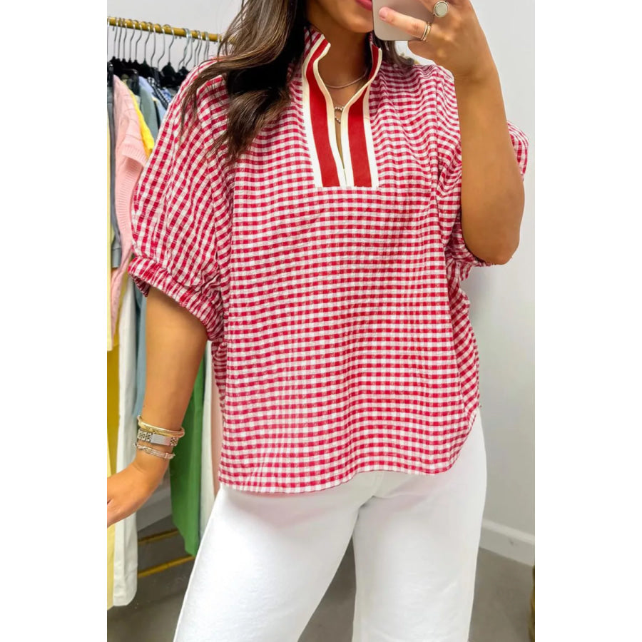Gingham Half Sleeve Blouse Strawberry / S Apparel and Accessories