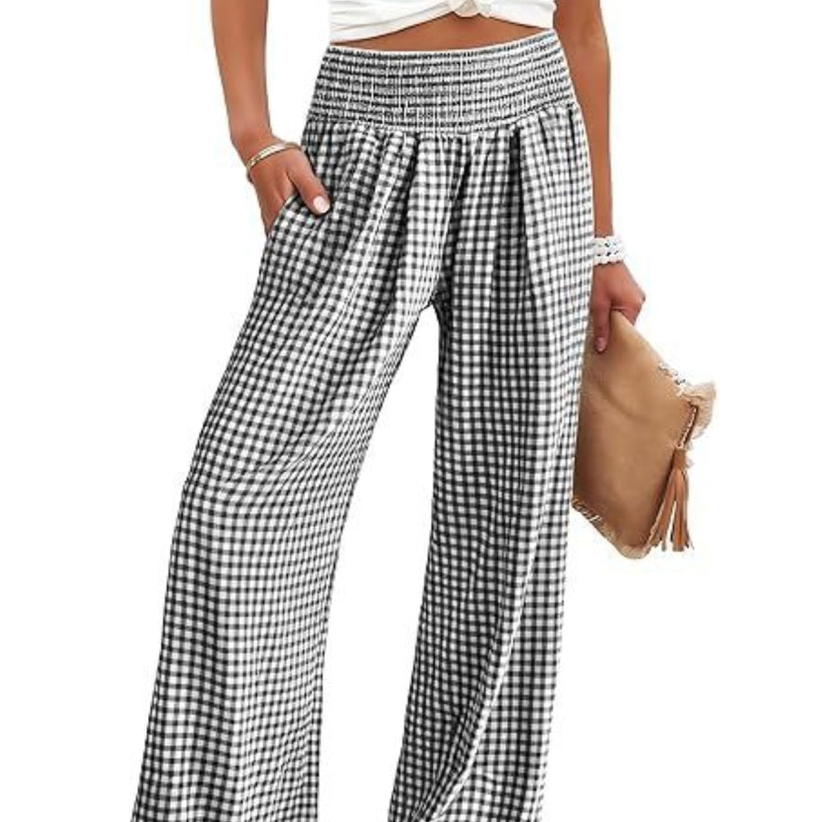 Gingham High Waist Wide Leg Pants Apparel and Accessories