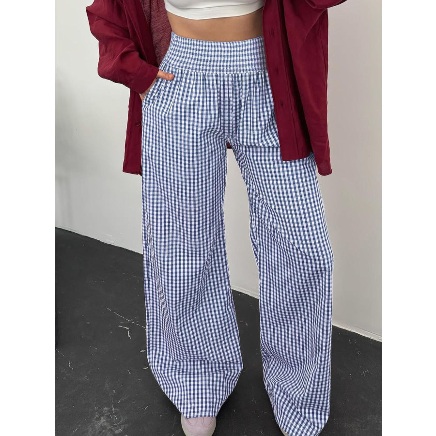 Gingham High Waist Wide Leg Pants Blue / S Apparel and Accessories