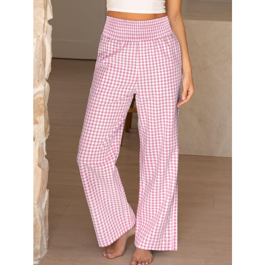 Gingham High Waist Wide Leg Pants Blush Pink / S Apparel and Accessories