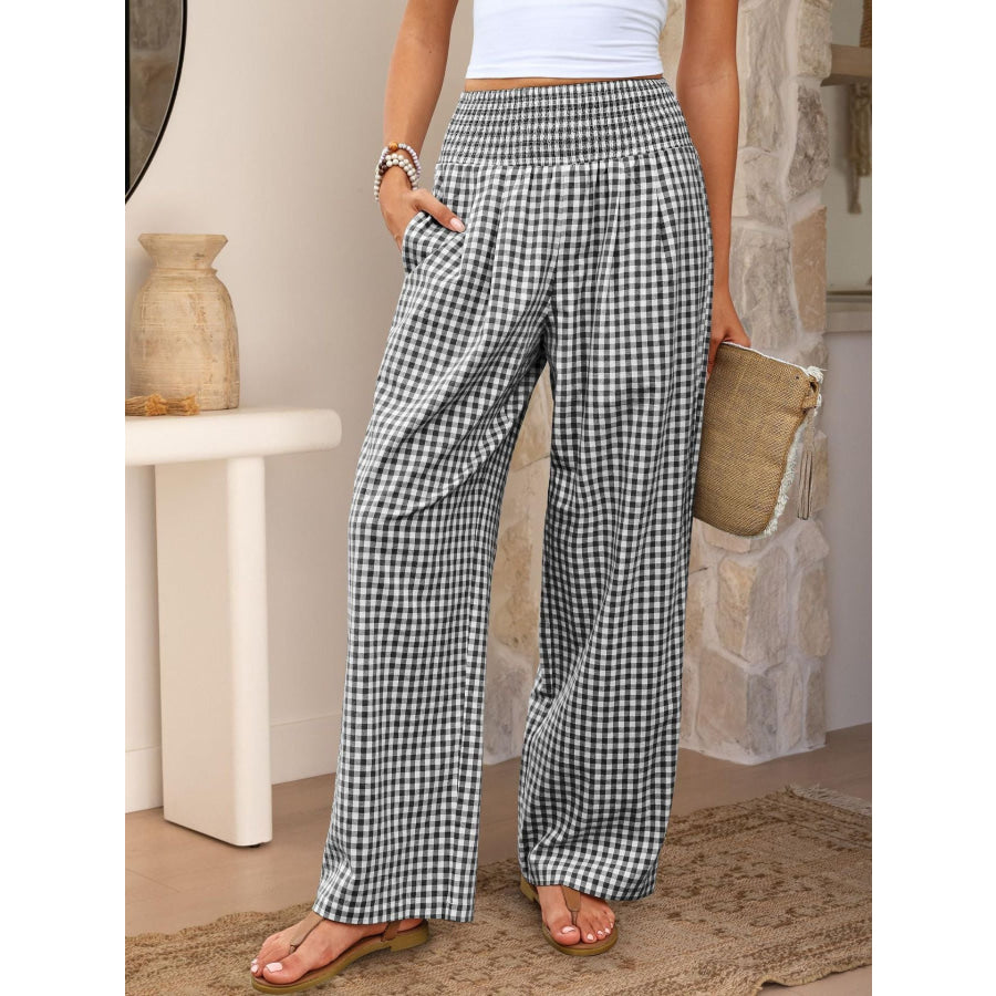 Gingham High Waist Wide Leg Pants Dark Gray / S Apparel and Accessories