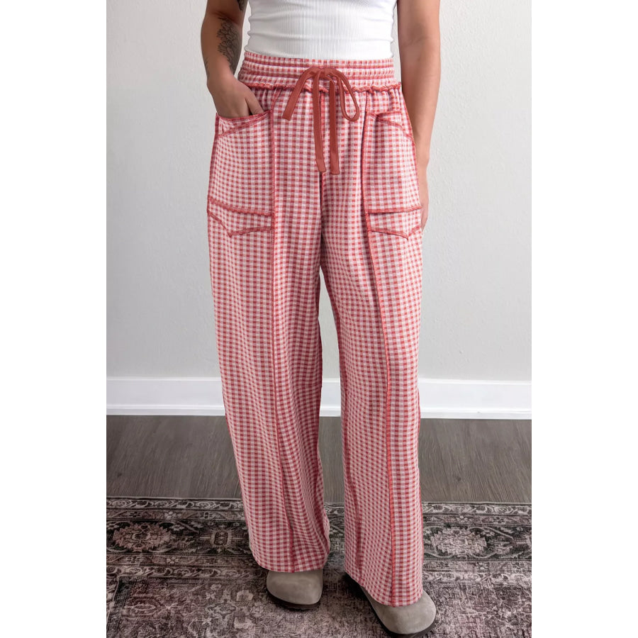 Gingham High-Waisted Drawstring Wide-Leg Pants Apparel and Accessories