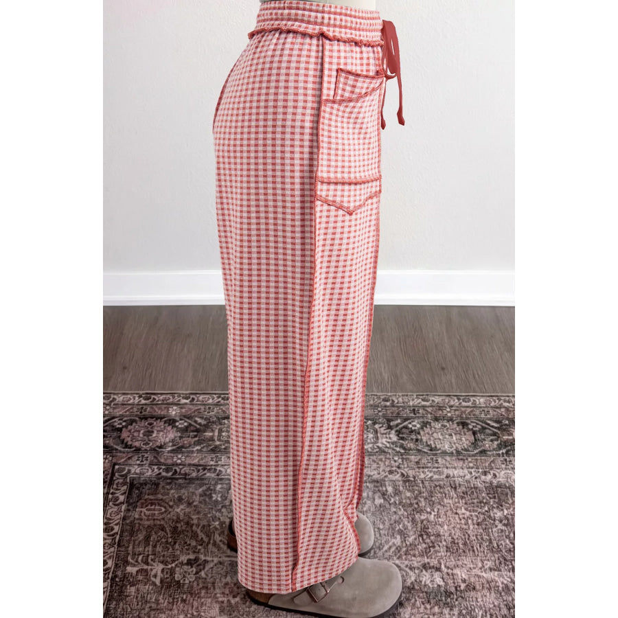 Gingham High-Waisted Drawstring Wide-Leg Pants Apparel and Accessories