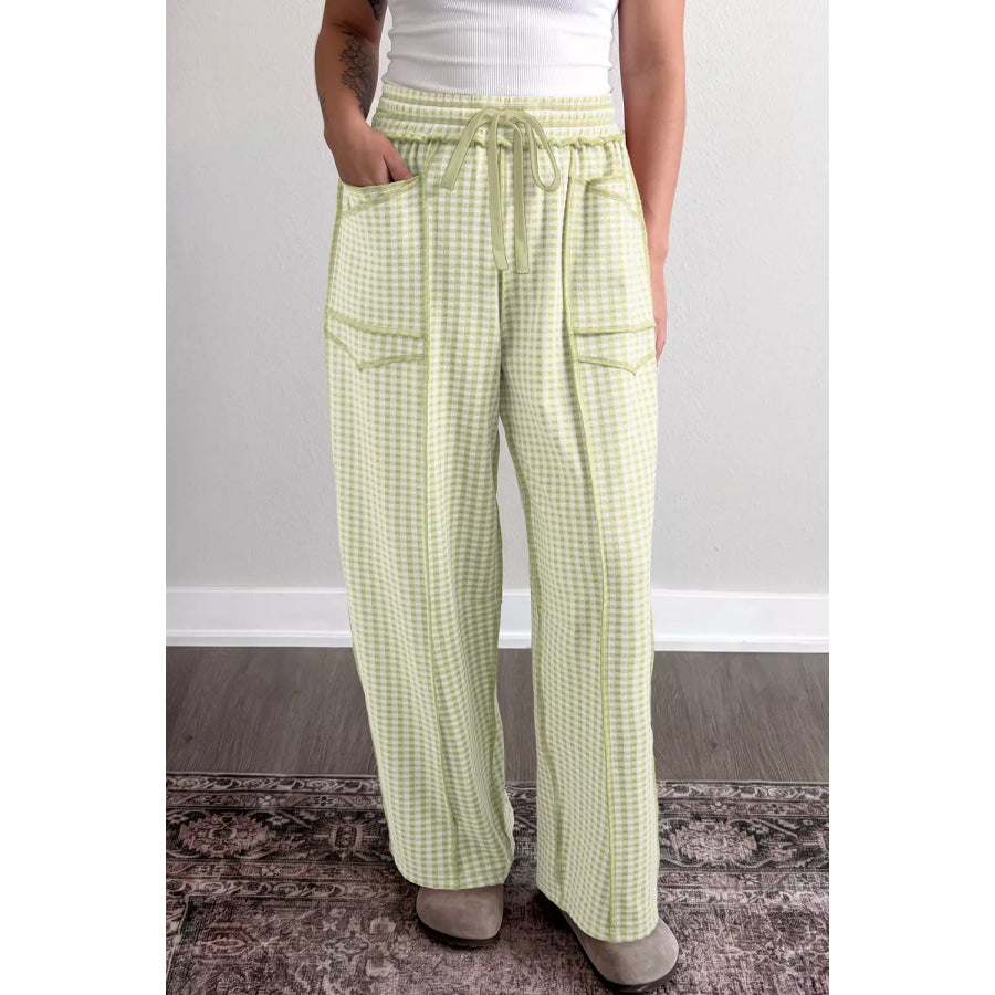 Gingham High-Waisted Drawstring Wide-Leg Pants Light Green / S Apparel and Accessories