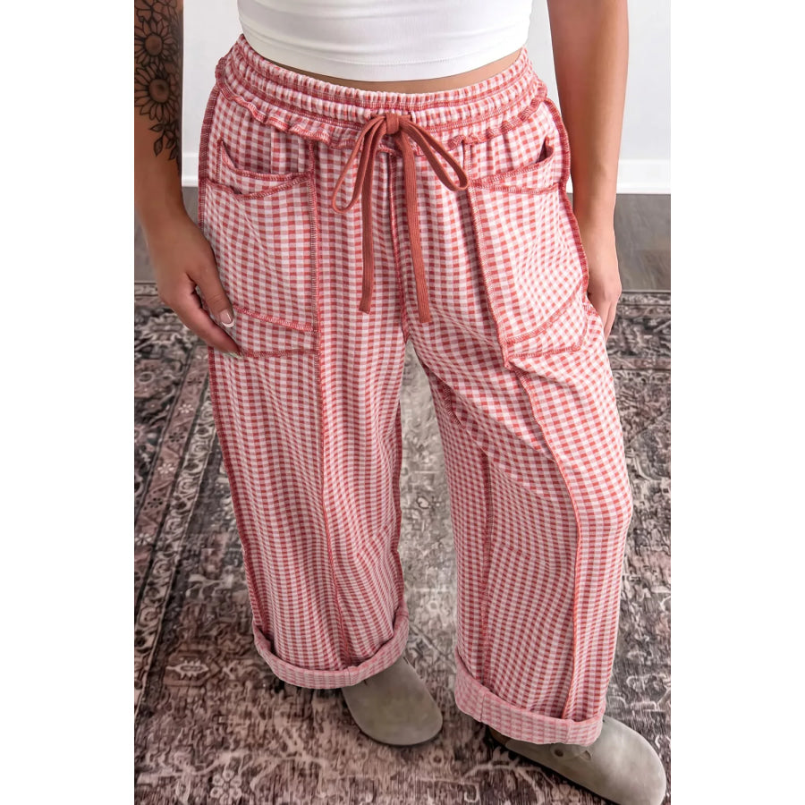 Gingham High-Waisted Drawstring Wide-Leg Pants Strawberry / S Apparel and Accessories