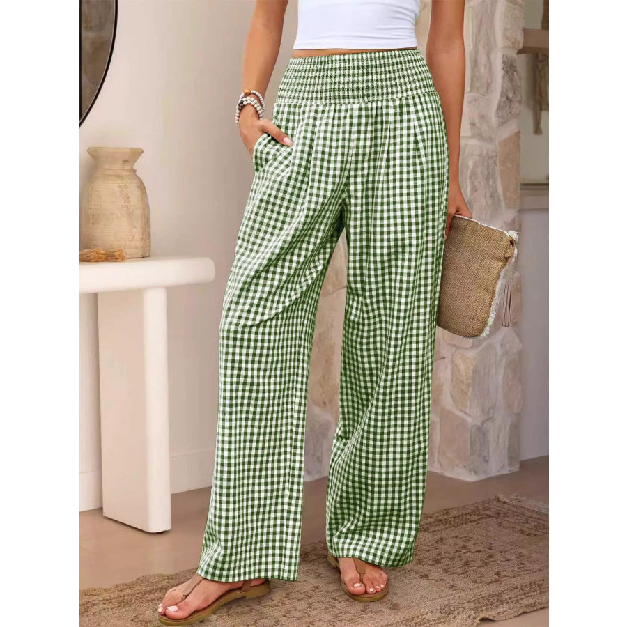 Gingham High-Waisted Wide Leg Pants Green / S Apparel and Accessories