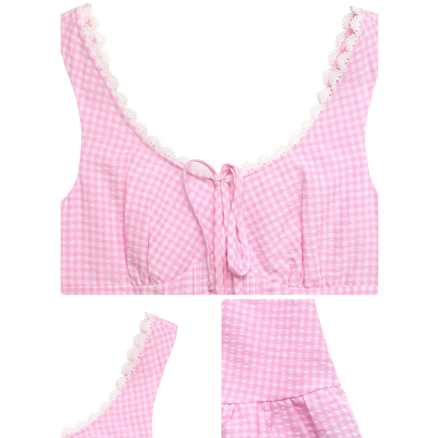 Gingham Lace Trim Mini Dress Apparel and Accessories