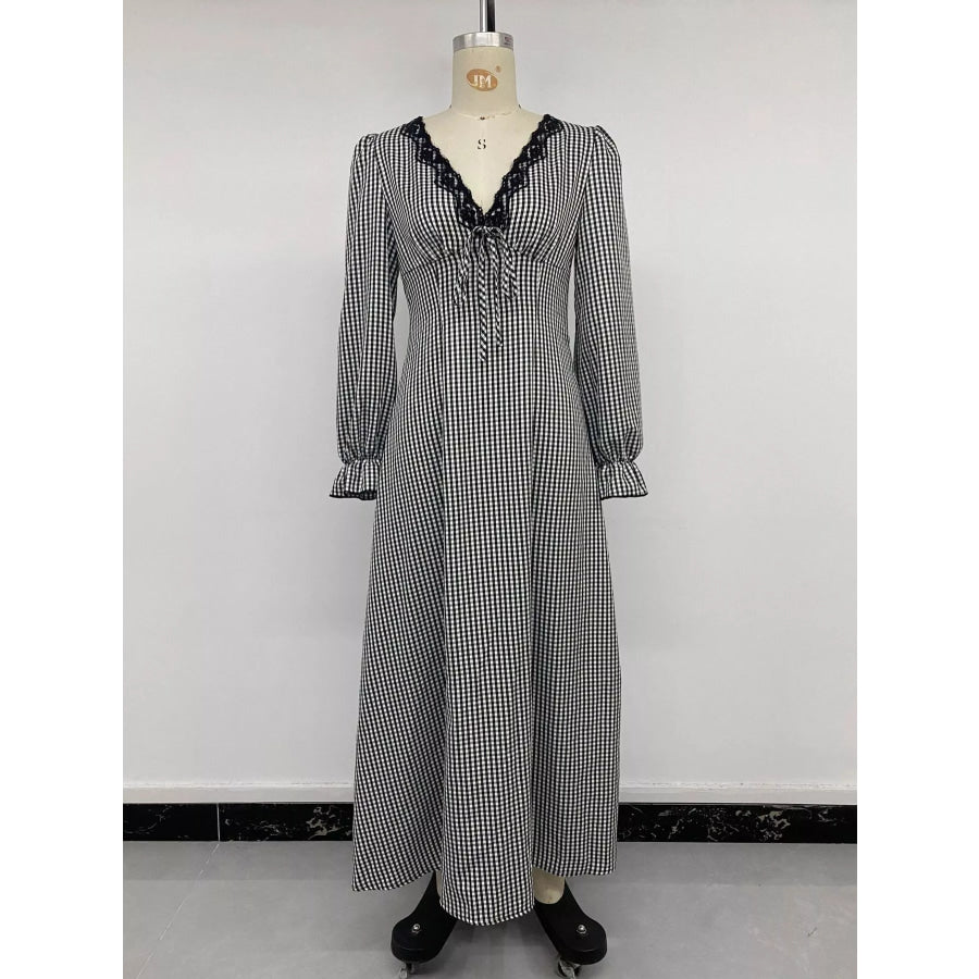 Gingham Lace-Trim V-Neck Long Sleeve A-Line Maxi Dress Apparel and Accessories