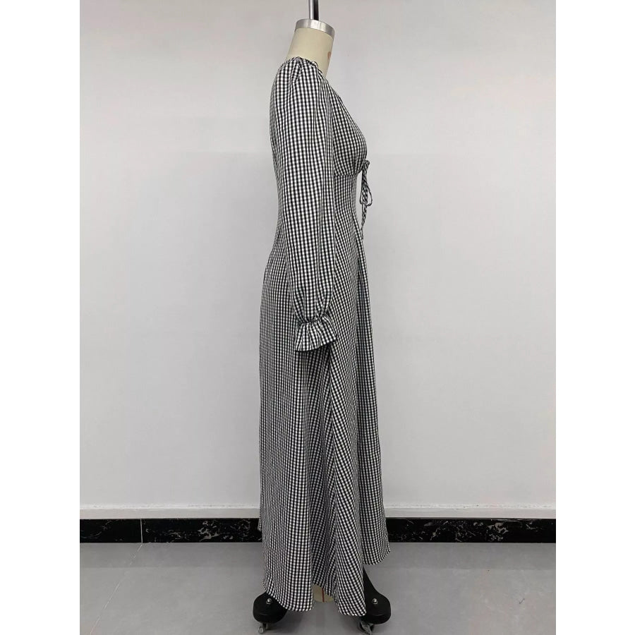Gingham Lace-Trim V-Neck Long Sleeve A-Line Maxi Dress Apparel and Accessories
