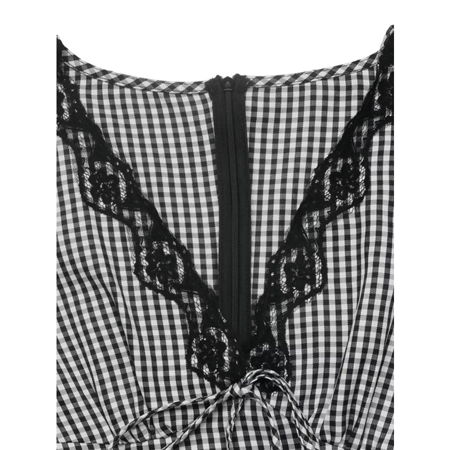 Gingham Lace-Trim V-Neck Long Sleeve A-Line Maxi Dress Apparel and Accessories