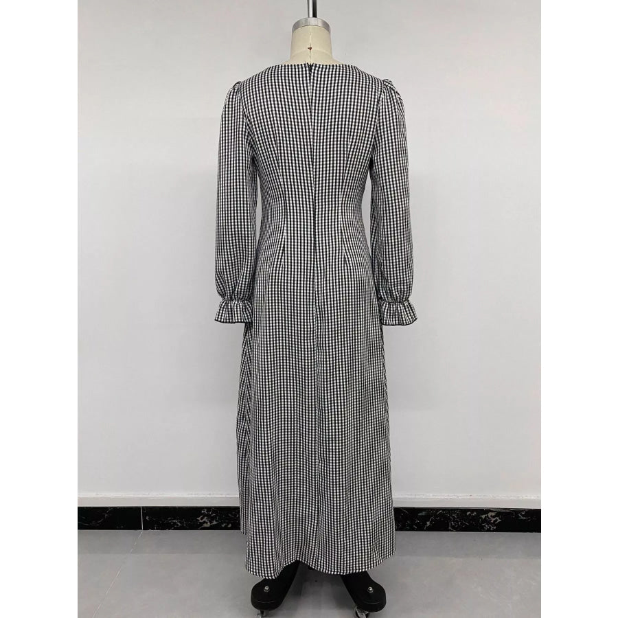 Gingham Lace-Trim V-Neck Long Sleeve A-Line Maxi Dress Apparel and Accessories