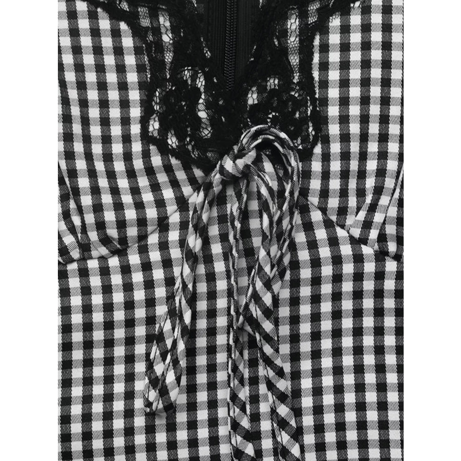 Gingham Lace-Trim V-Neck Long Sleeve A-Line Maxi Dress Apparel and Accessories