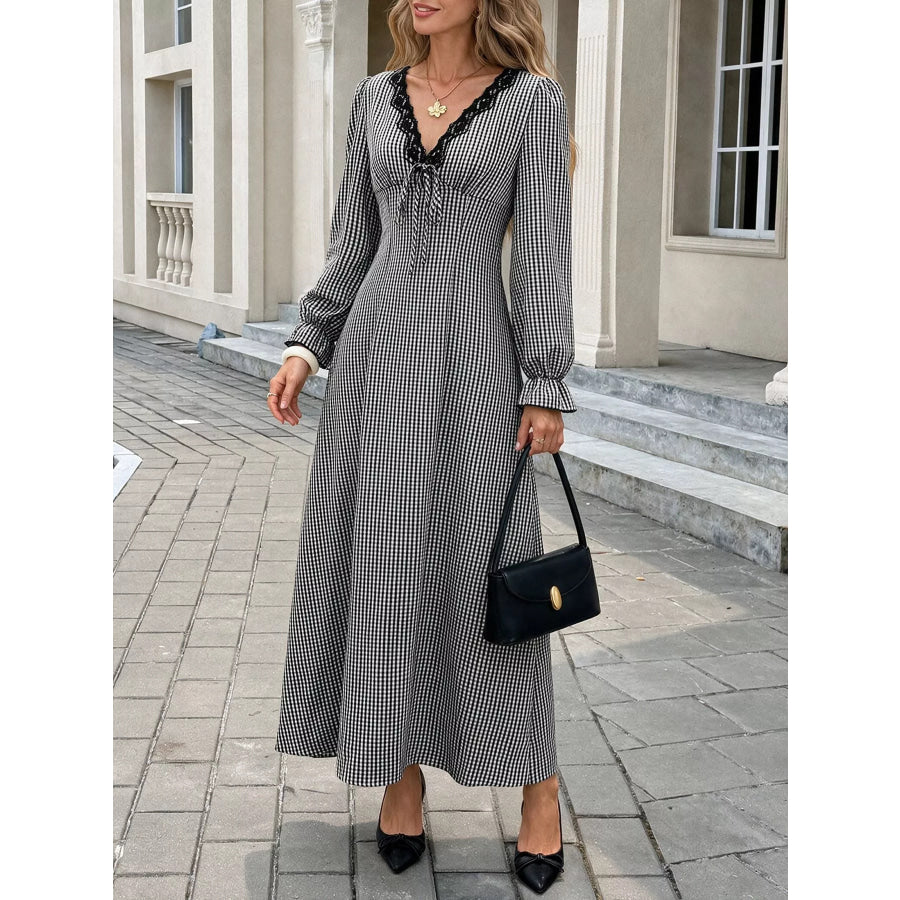 Gingham Lace-Trim V-Neck Long Sleeve A-Line Maxi Dress Apparel and Accessories