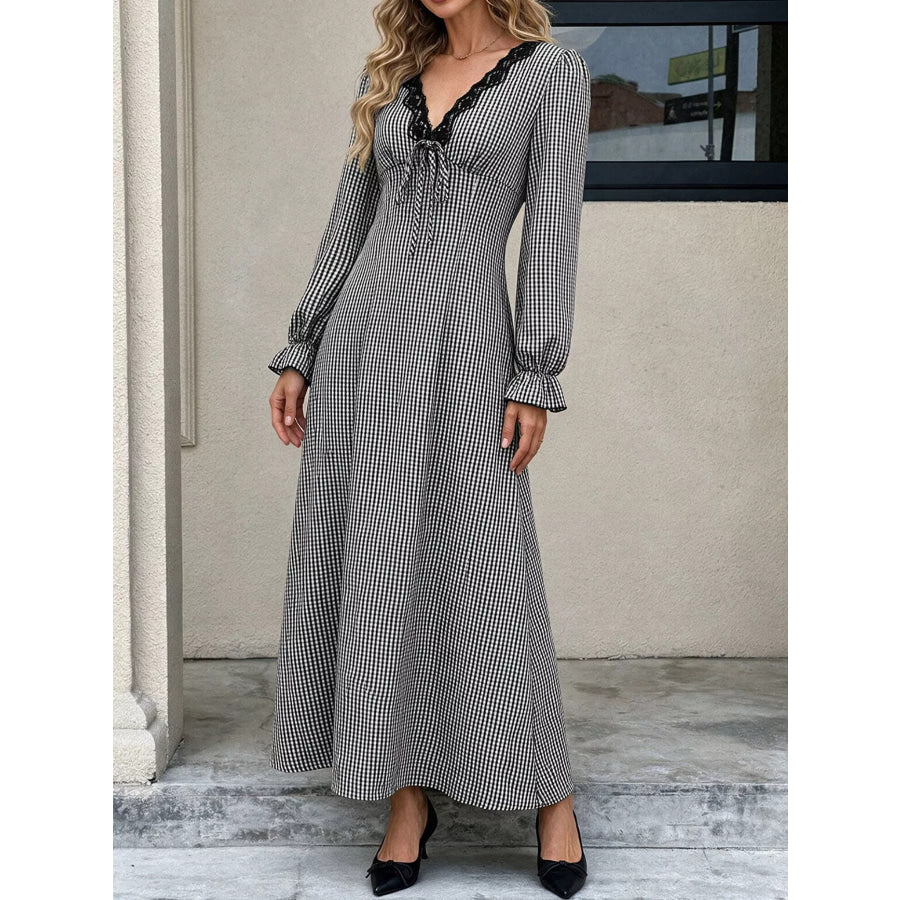 Gingham Lace-Trim V-Neck Long Sleeve A-Line Maxi Dress Apparel and Accessories