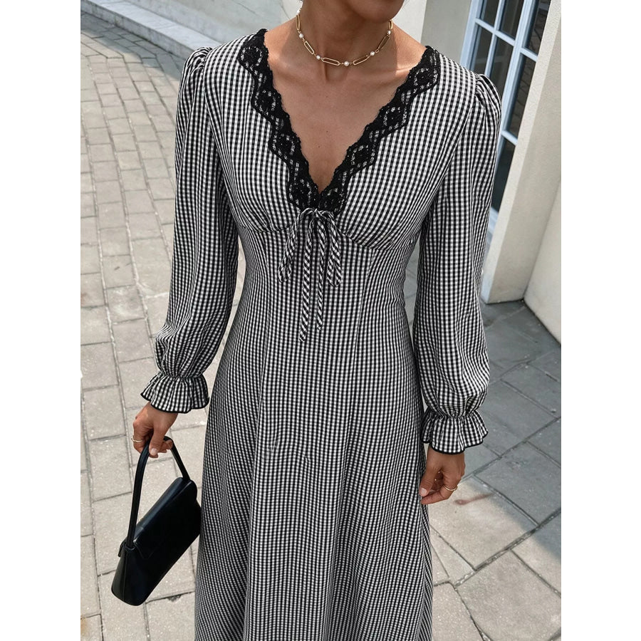 Gingham Lace-Trim V-Neck Long Sleeve A-Line Maxi Dress Apparel and Accessories