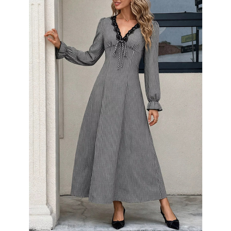 Gingham Lace-Trim V-Neck Long Sleeve A-Line Maxi Dress Black / S Apparel and Accessories