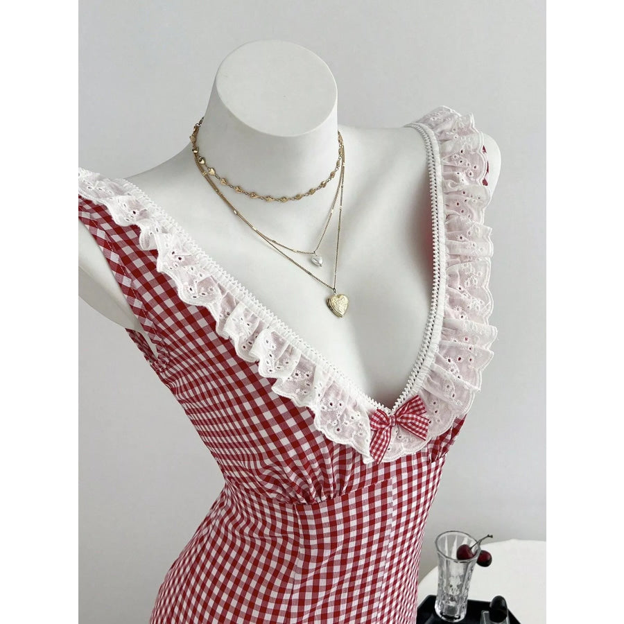 Gingham Lace-Trimmed Romper with Bow Detail Apparel and Accessories