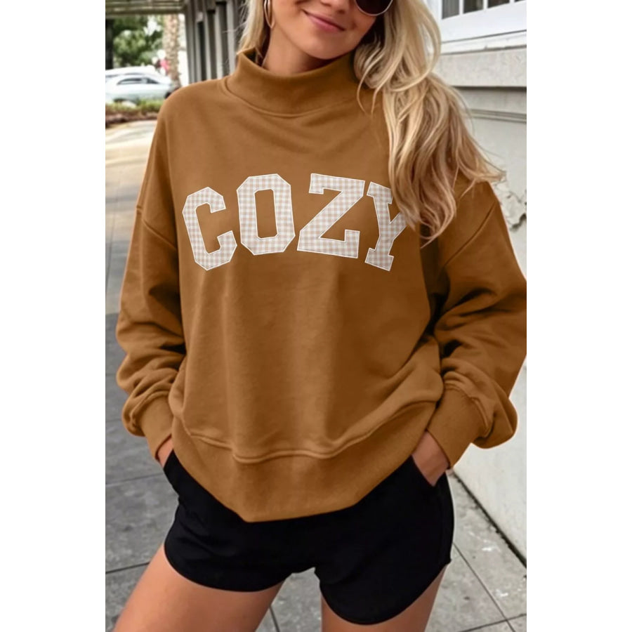 Gingham Letter Mock Neck Sweatshirt Caramel / S Apparel and Accessories
