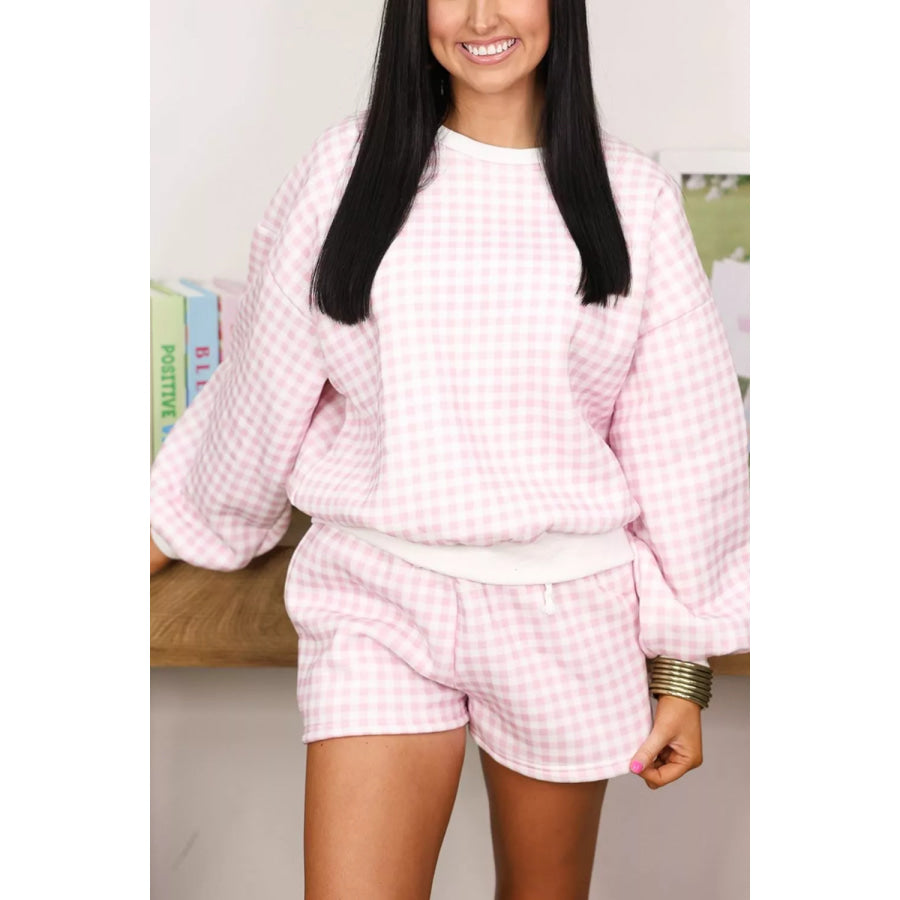 Gingham Long Sleeve Sweatshirt and Shorts Set Apparel and Accessories